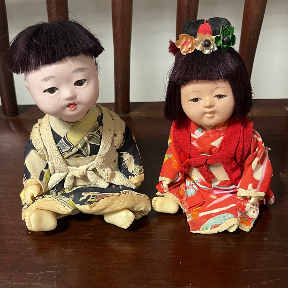 Antique Japanese Doll Set - Red and Tan